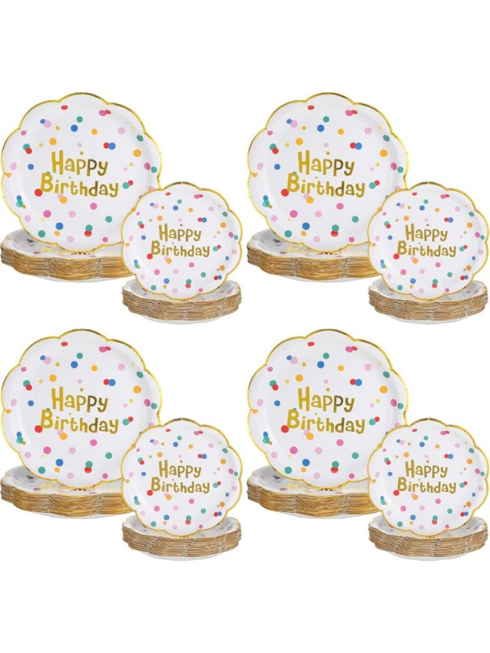Colorful Scalloped Happy Birthday Dessert Plates - 60 Pcs Polka Dot Tableware